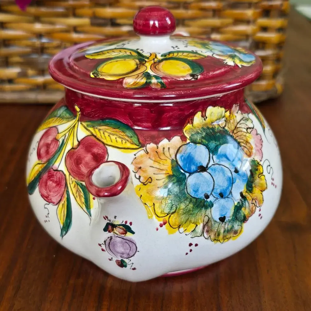Deruta Hand Painted Teapot Red Multi Summer Fruit Italy Cottagecore Gardencore